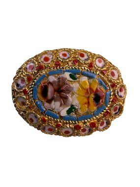 Italian Micro Mosaic Gold Tone Floral Oval Brooch Elegant Vintage Design